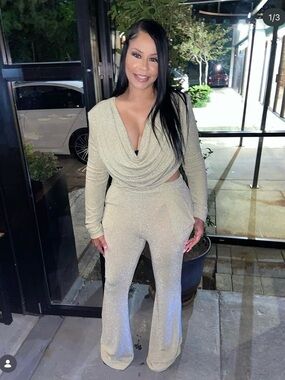 Draped Cowl-Neck Top w/ Wide-Leg Pants in Sparkling Champagne